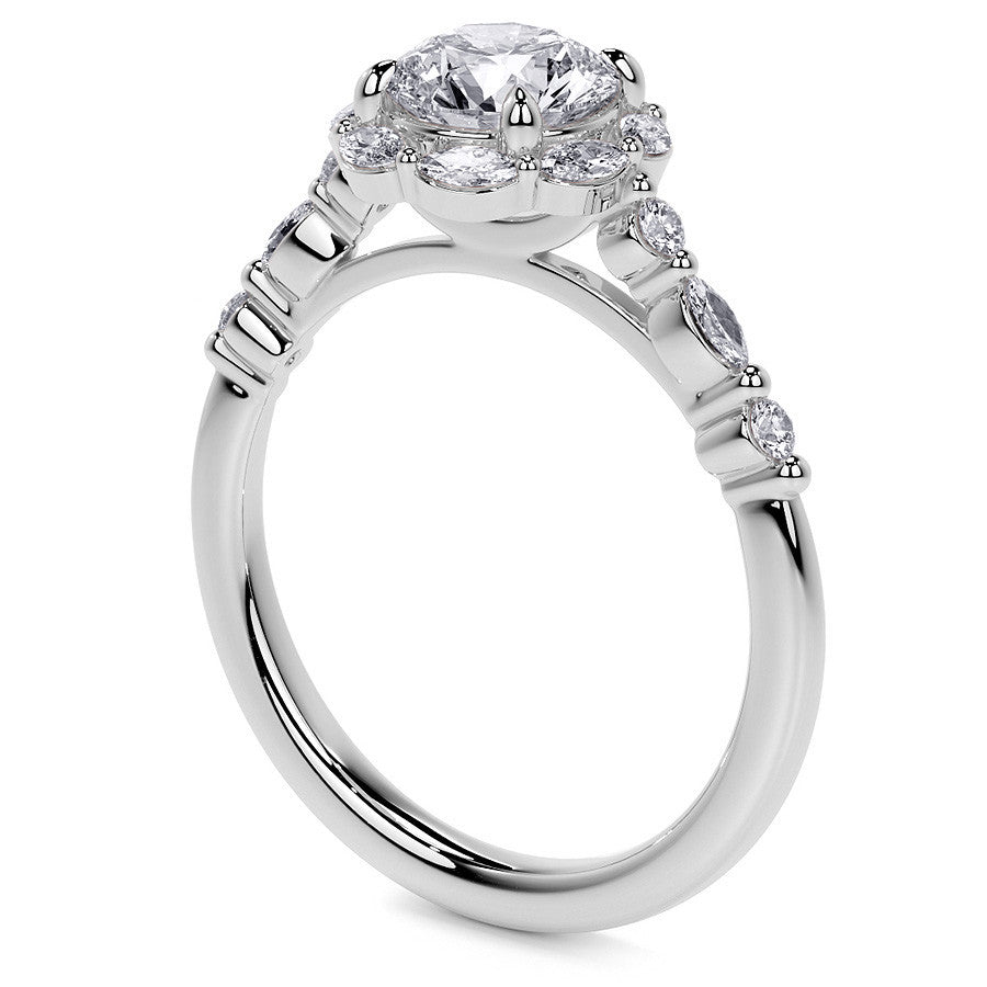 Round and Marquise Halo Moissanite Cathedral Engagement Ring