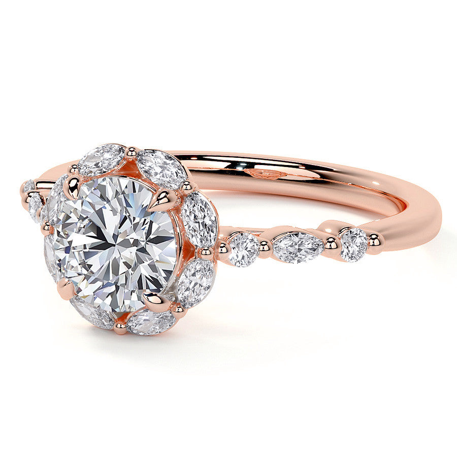 Round and Marquise Halo Moissanite Cathedral Engagement Ring