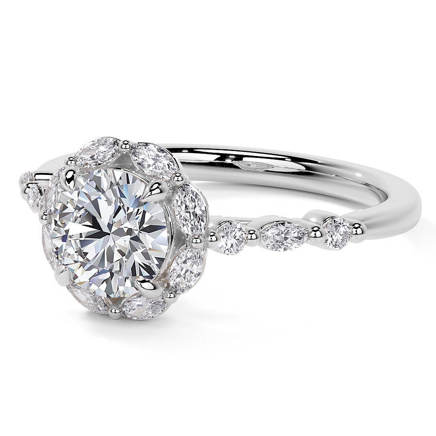 Round and Marquise Halo Moissanite Cathedral Engagement Ring
