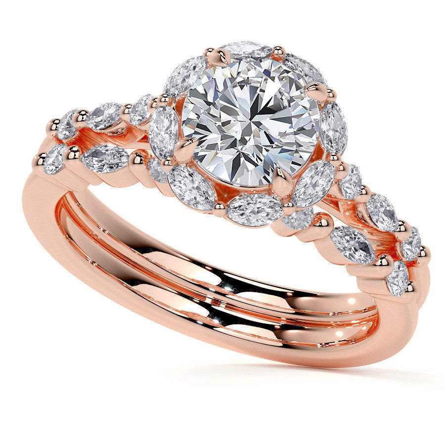 Round and Marquise Halo Moissanite Cathedral Engagement Ring