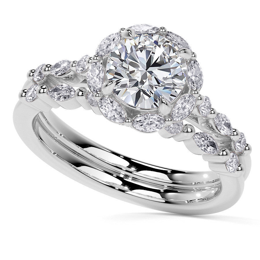 Round and Marquise Halo Moissanite Cathedral Engagement Ring