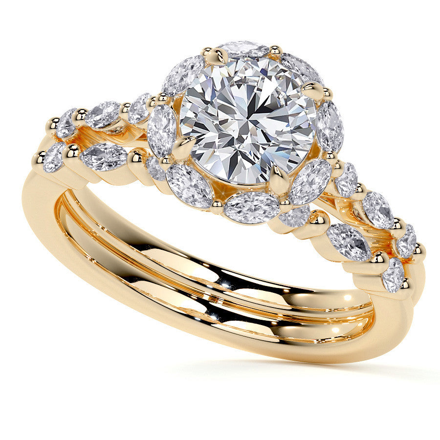 Round and Marquise Halo Moissanite Cathedral Engagement Ring