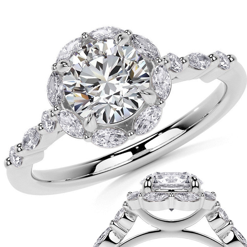 Round and Marquise Halo Moissanite Cathedral Engagement Ring