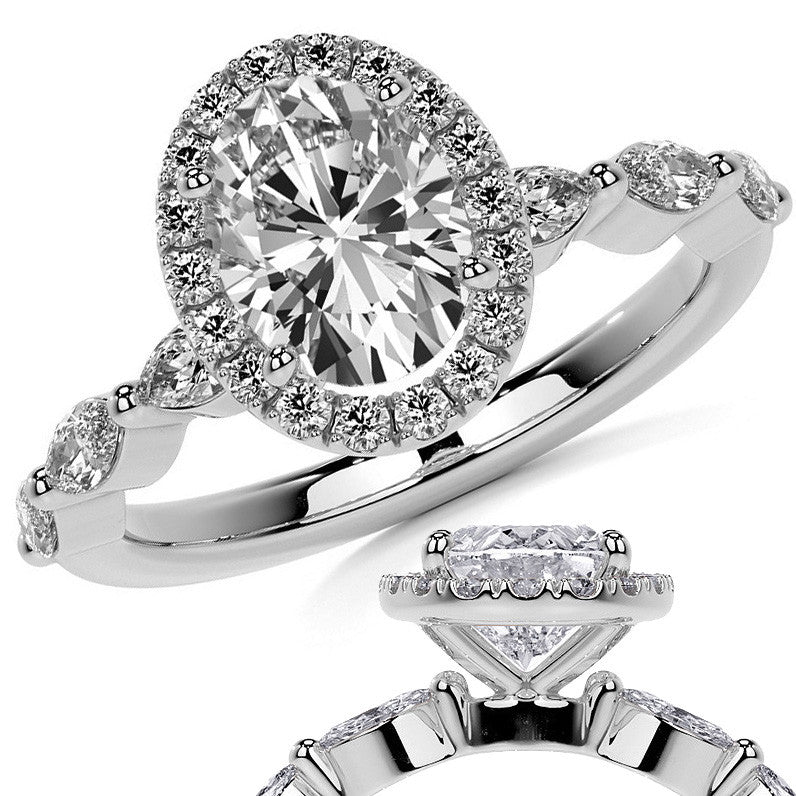 Petite Oval and Marquise Moissanite Halo Engagement Ring
