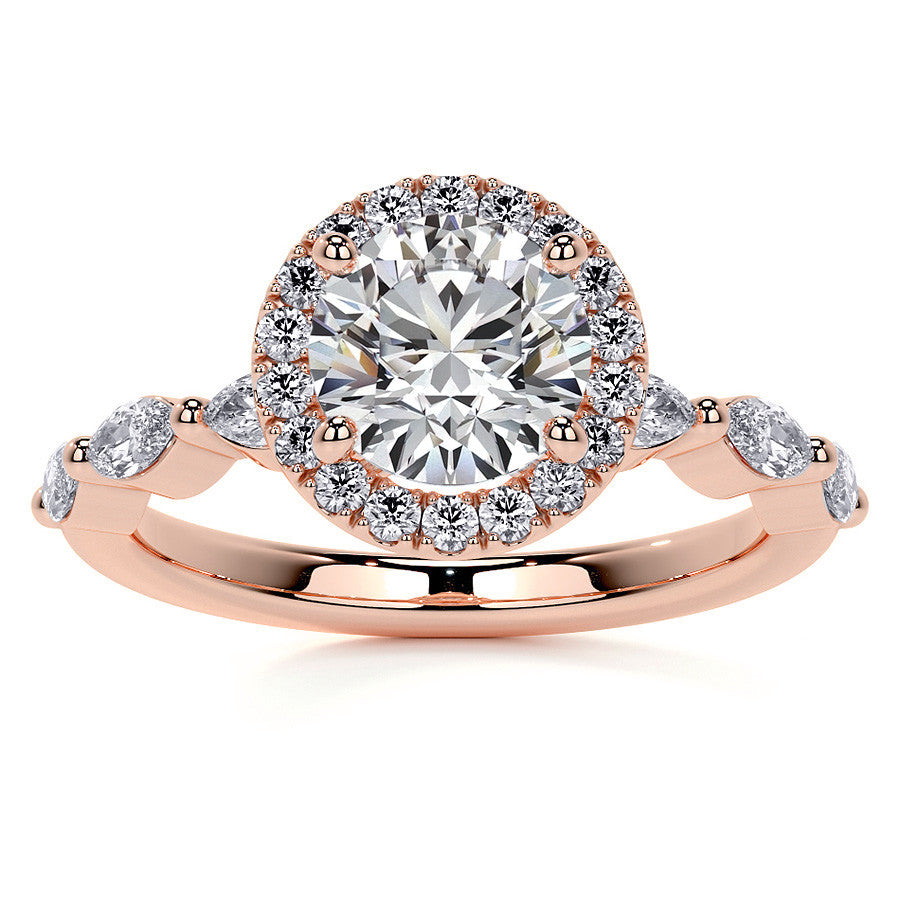 Petite Round and Marquise Moissanite Halo Engagement Ring