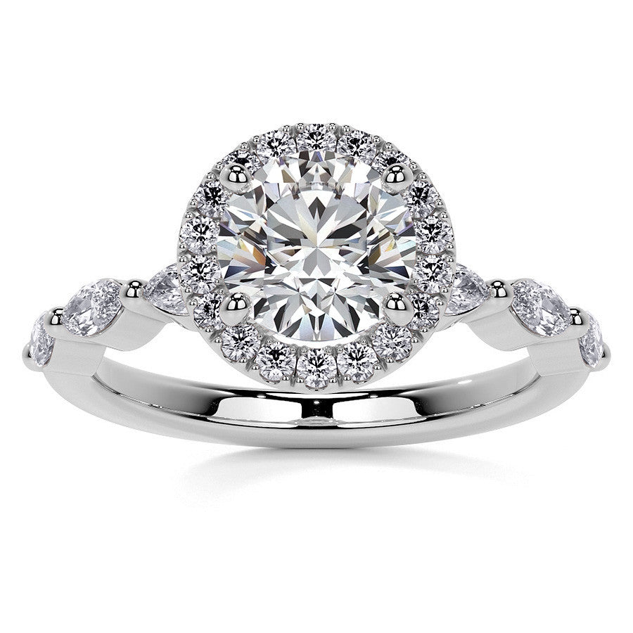 Petite Round and Marquise Moissanite Halo Engagement Ring