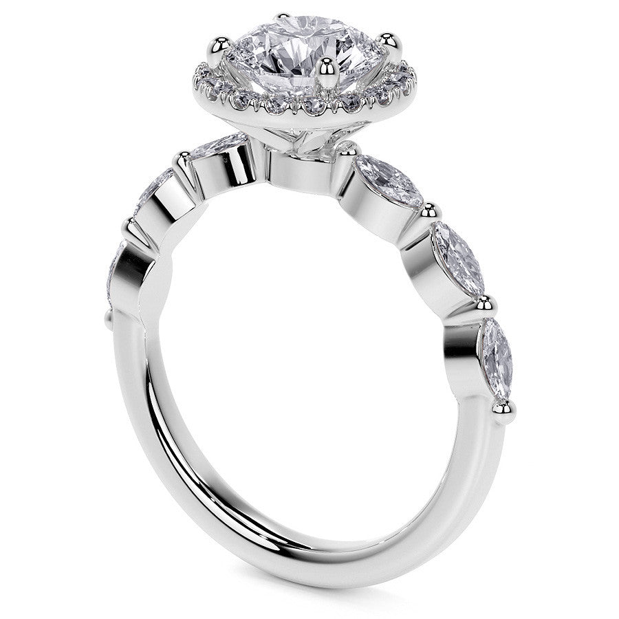 Petite Round and Marquise Moissanite Halo Engagement Ring