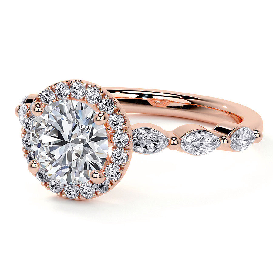 Petite Round and Marquise Moissanite Halo Engagement Ring