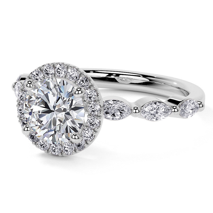 Petite Round and Marquise Moissanite Halo Engagement Ring