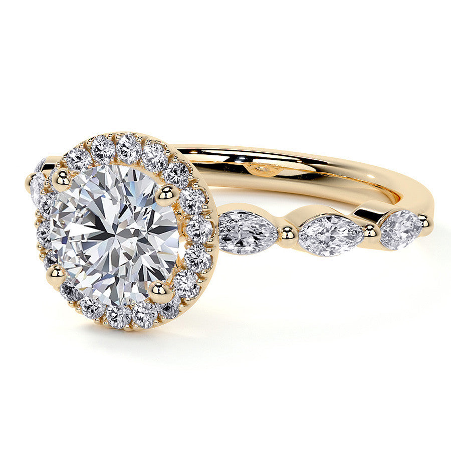 Petite Round and Marquise Moissanite Halo Engagement Ring