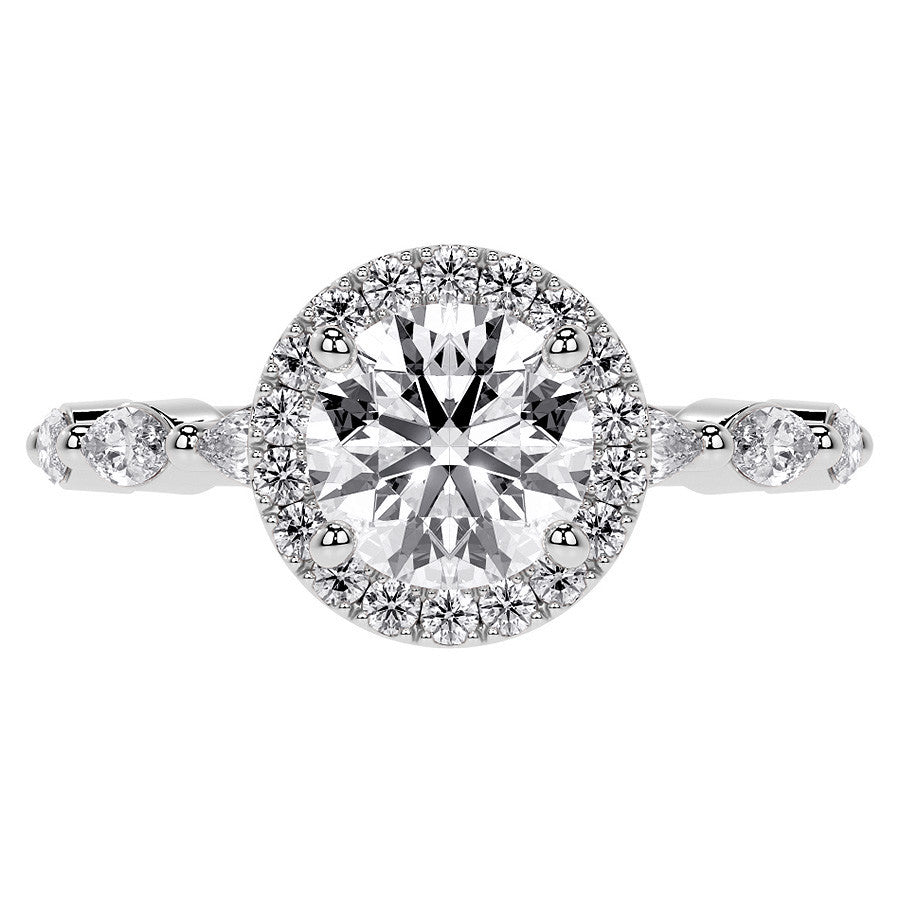 Petite Round and Marquise Moissanite Halo Engagement Ring