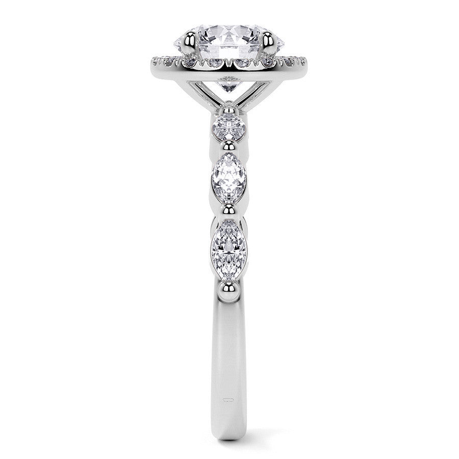 Petite Round and Marquise Moissanite Halo Engagement Ring