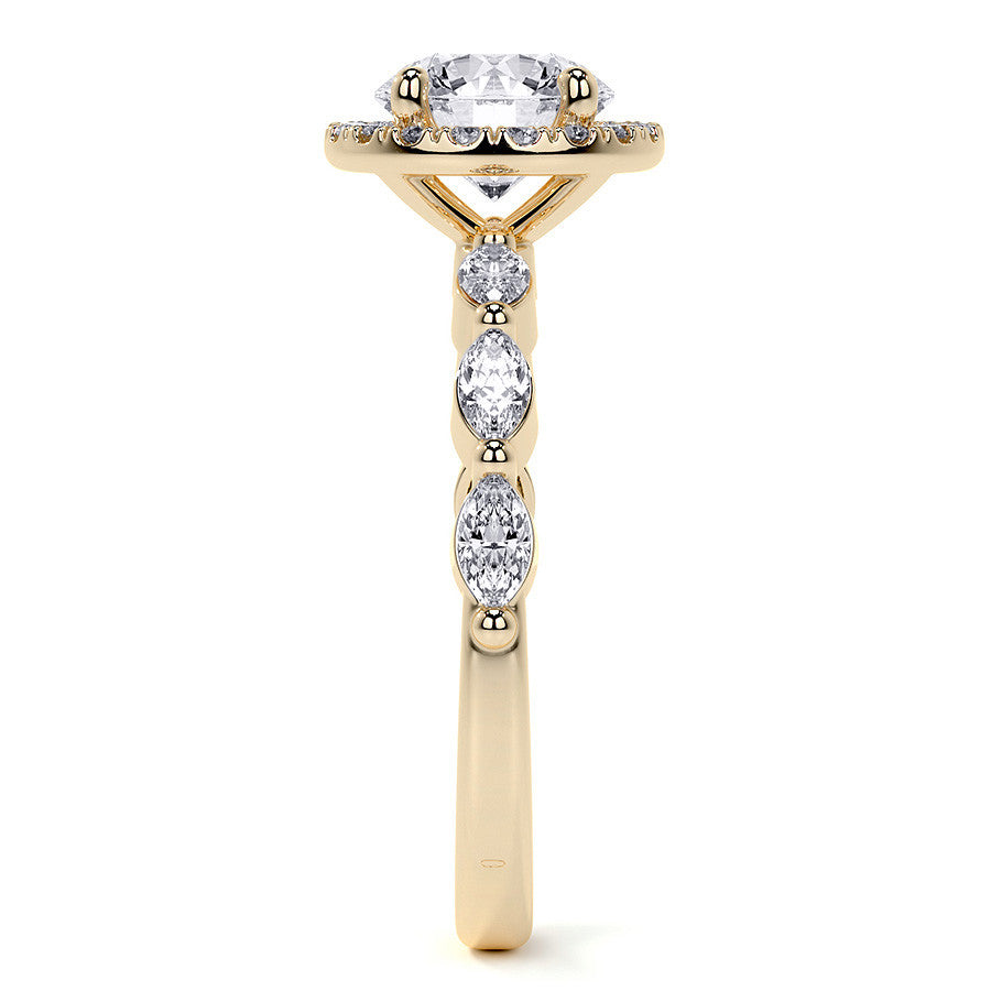 Petite Round and Marquise Moissanite Halo Engagement Ring