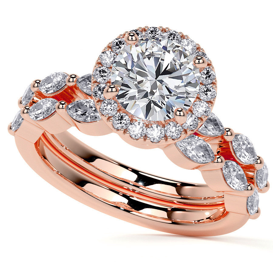 Petite Round and Marquise Moissanite Halo Engagement Ring