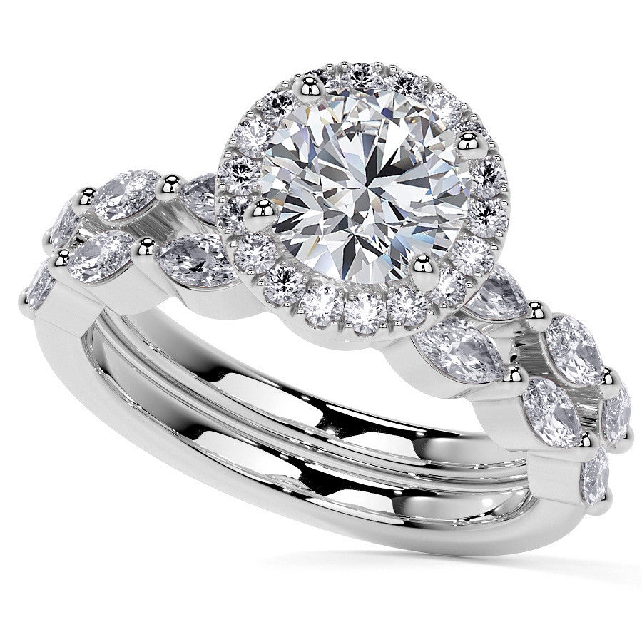 Petite Round and Marquise Moissanite Halo Engagement Ring