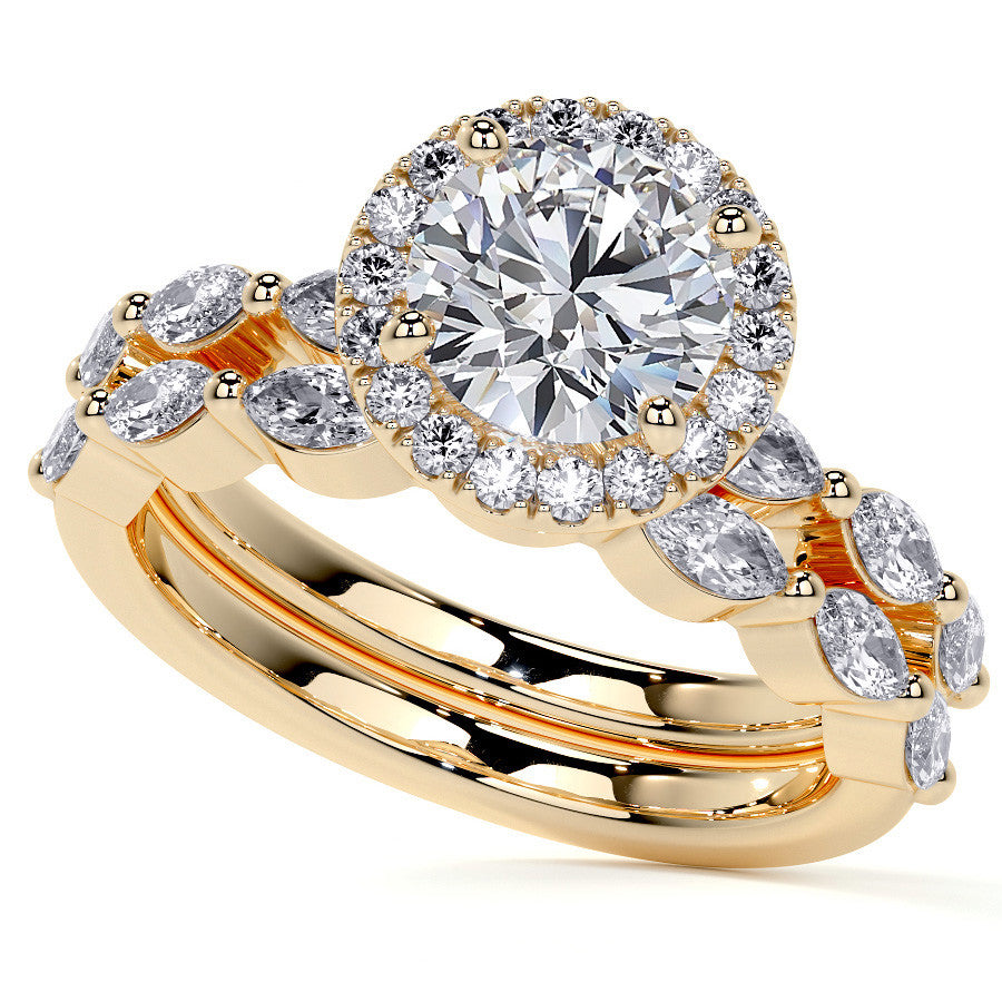Petite Round and Marquise Moissanite Halo Engagement Ring