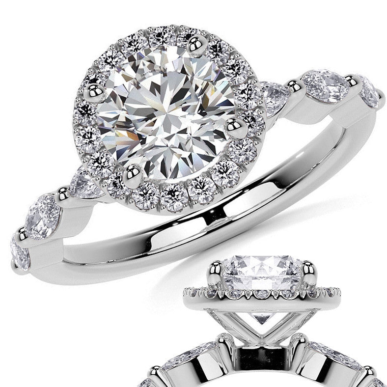 Petite Round and Marquise Moissanite Halo Engagement Ring