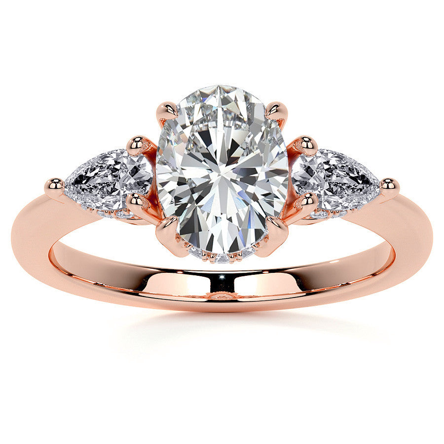 Oval and Pear 3-Stone Moissanite Engagement Ring with Hidden Hal