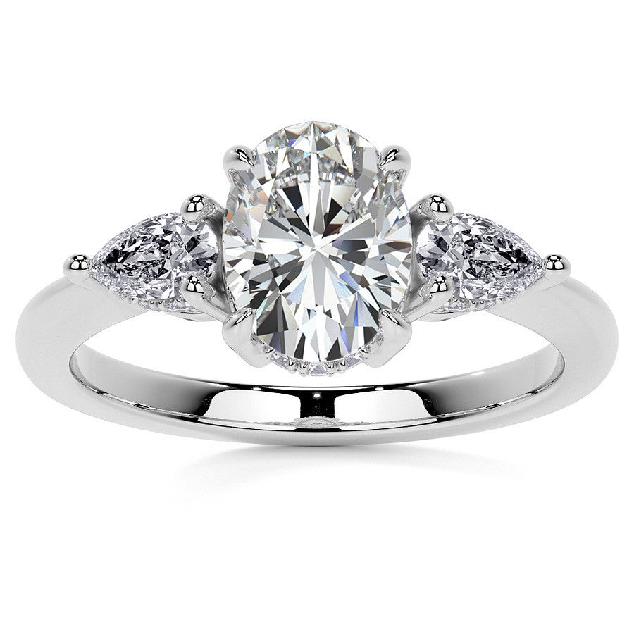 Oval and Pear 3-Stone Moissanite Engagement Ring with Hidden Hal
