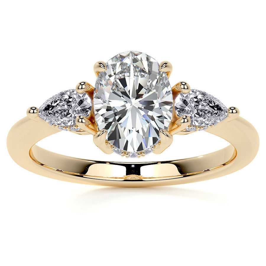 Oval and Pear 3-Stone Moissanite Engagement Ring with Hidden Hal