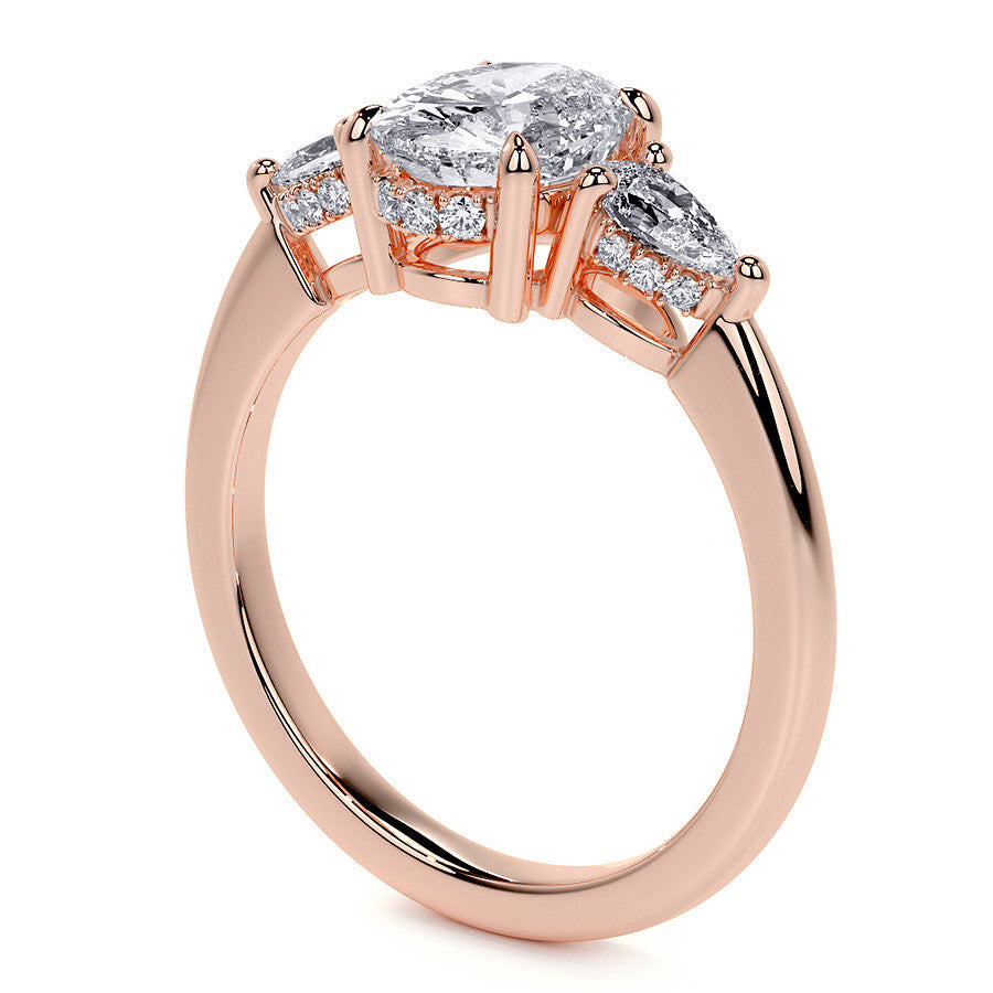 Oval and Pear 3-Stone Moissanite Engagement Ring with Hidden Hal