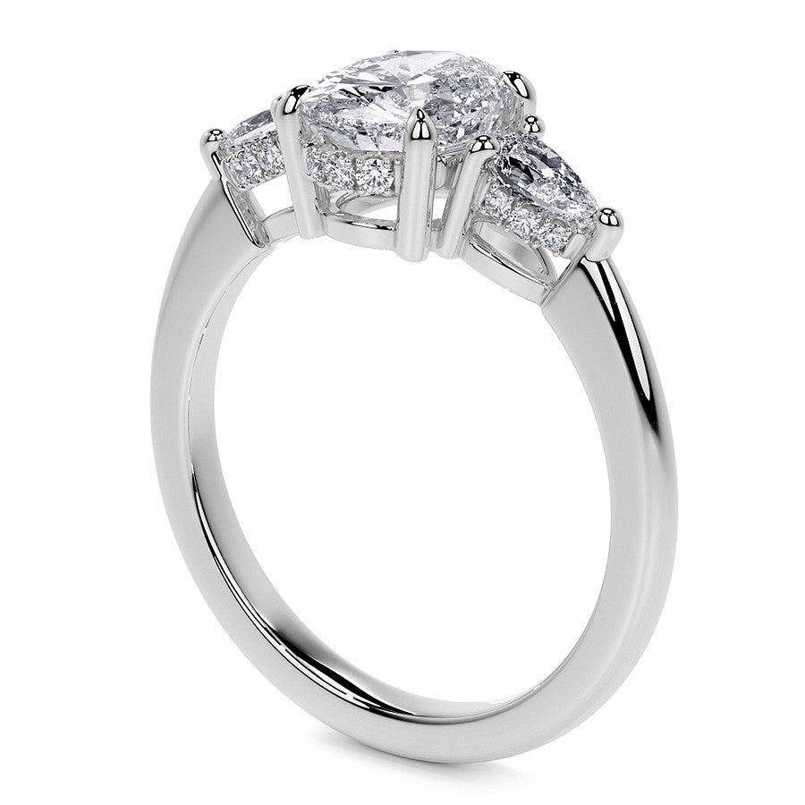 Oval and Pear 3-Stone Moissanite Engagement Ring with Hidden Hal