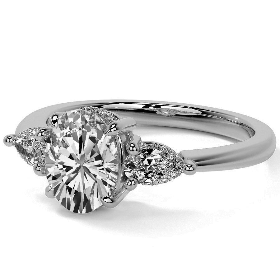 Oval and Pear 3-Stone Moissanite Engagement Ring with Hidden Hal