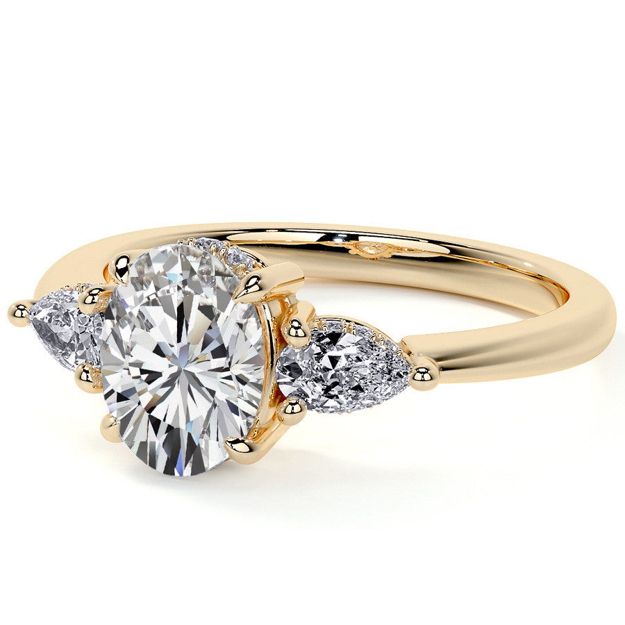 Oval and Pear 3-Stone Moissanite Engagement Ring with Hidden Hal