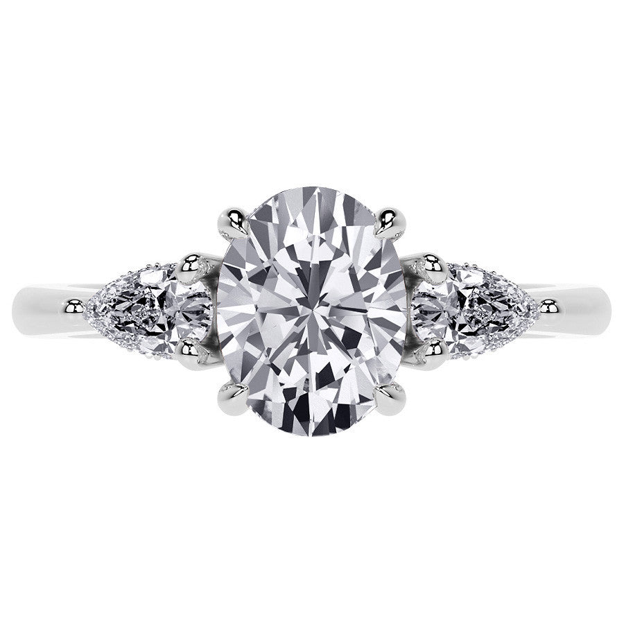 Oval and Pear 3-Stone Moissanite Engagement Ring with Hidden Hal