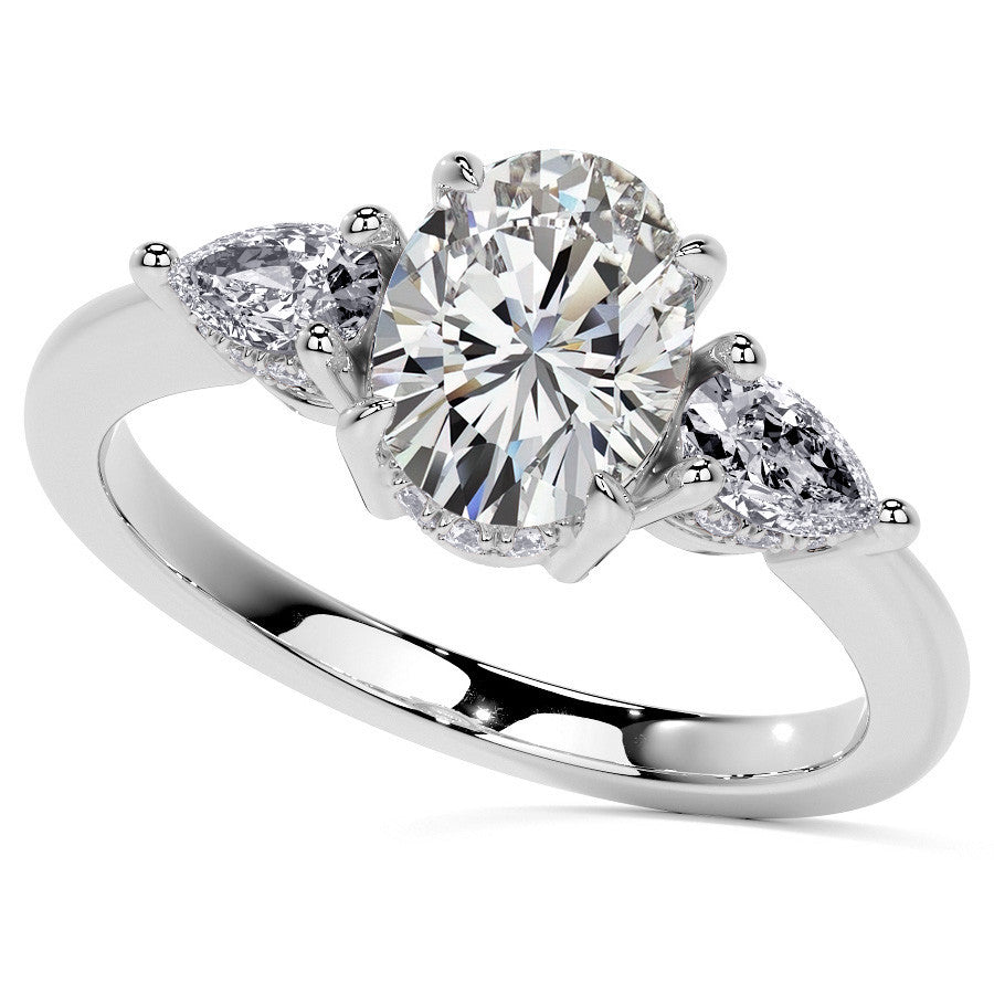 Oval and Pear 3-Stone Moissanite Engagement Ring with Hidden Hal