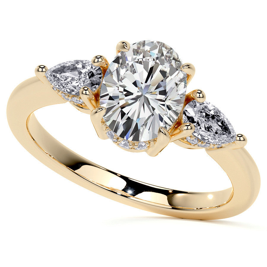Oval and Pear 3-Stone Moissanite Engagement Ring with Hidden Hal