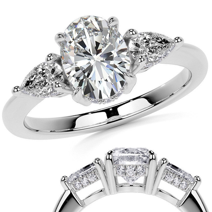 Oval and Pear 3-Stone Moissanite Engagement Ring with Hidden Hal