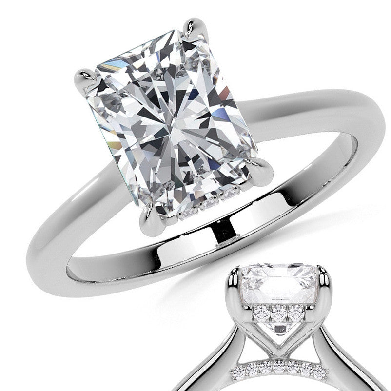 Emerald / Radiant Cathedral Moissanite Engagement Ring with Hidden
