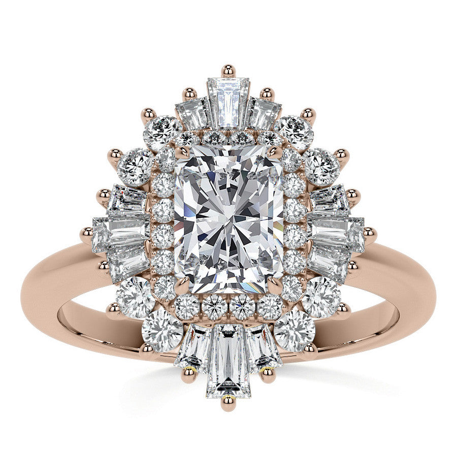 Art Deco Emerald / Radiant and Baguette Moissanite Engagement Ring