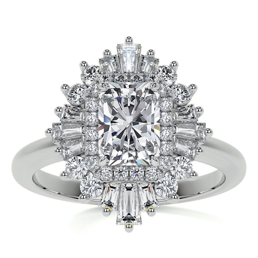 Art Deco Emerald / Radiant and Baguette Moissanite Engagement Ring