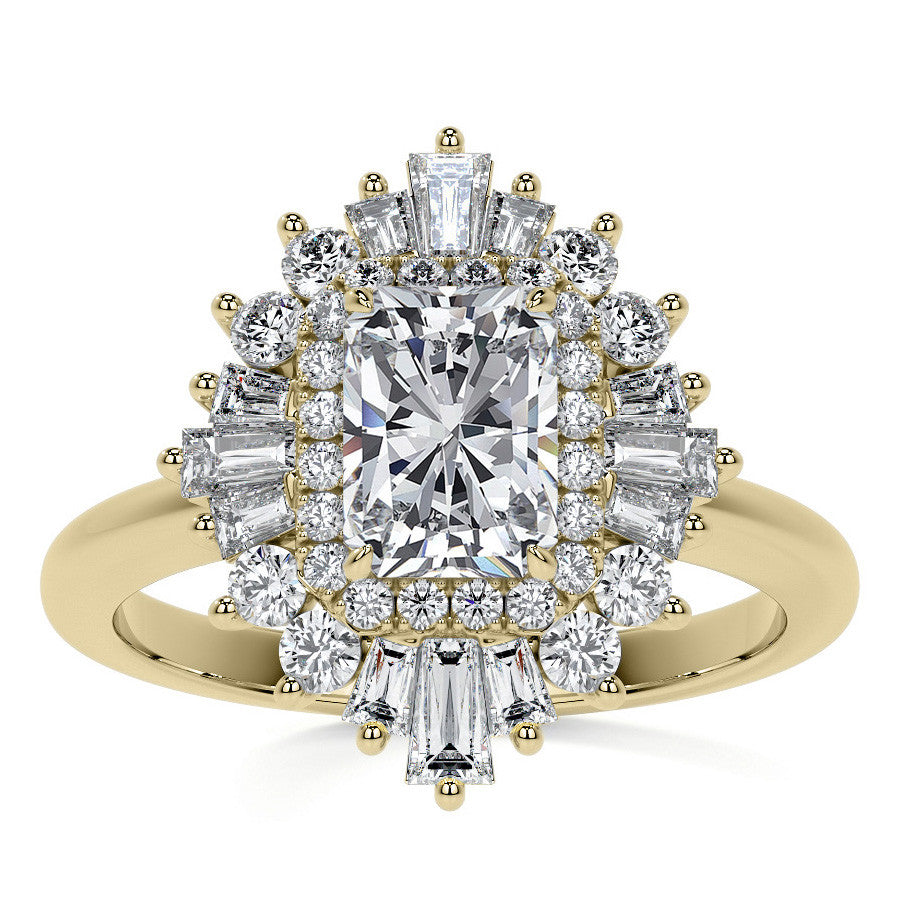 Art Deco Emerald / Radiant and Baguette Moissanite Engagement Ring
