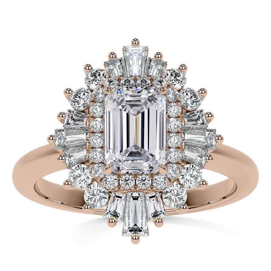 Art Deco Emerald / Radiant and Baguette Moissanite Engagement Ring