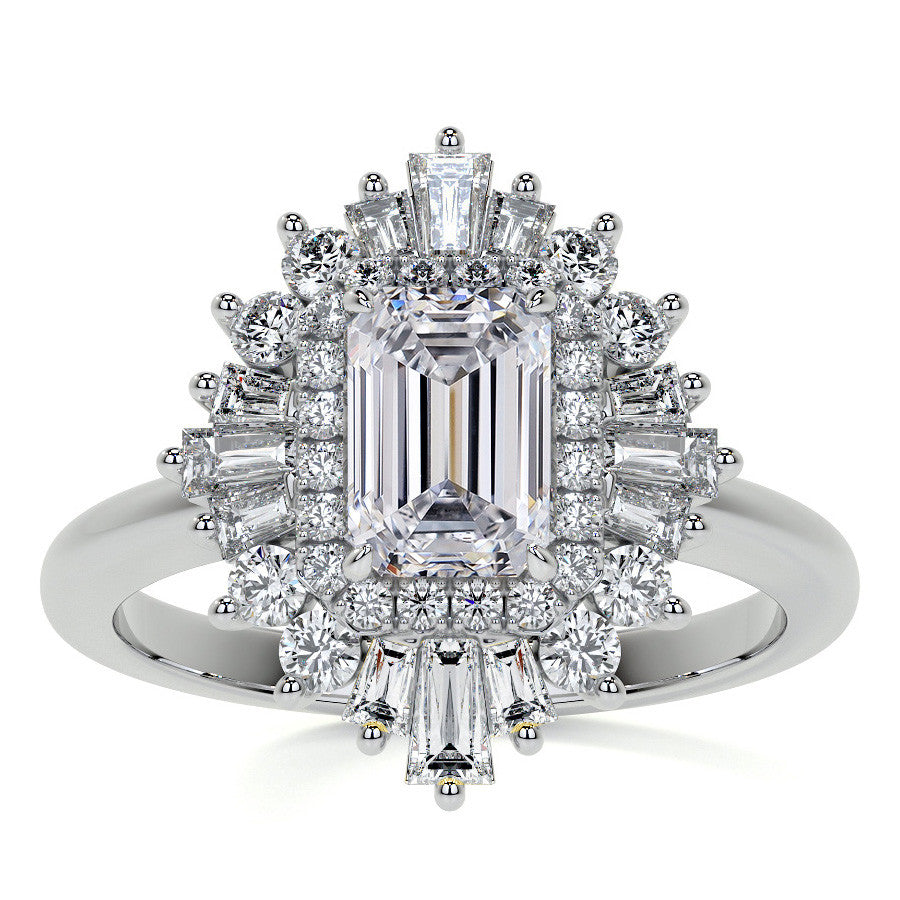 Art Deco Emerald / Radiant and Baguette Moissanite Engagement Ring