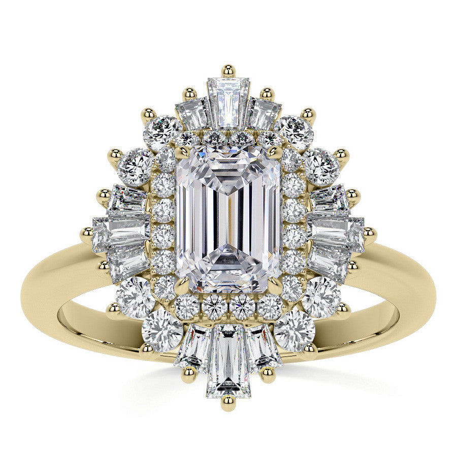 Art Deco Emerald / Radiant and Baguette Moissanite Engagement Ring