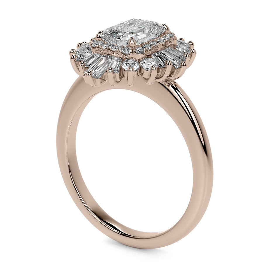 Art Deco Emerald / Radiant and Baguette Moissanite Engagement Ring