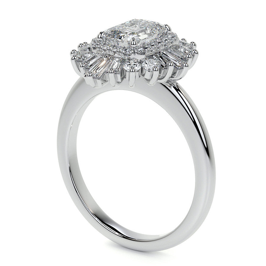 Art Deco Emerald / Radiant and Baguette Moissanite Engagement Ring