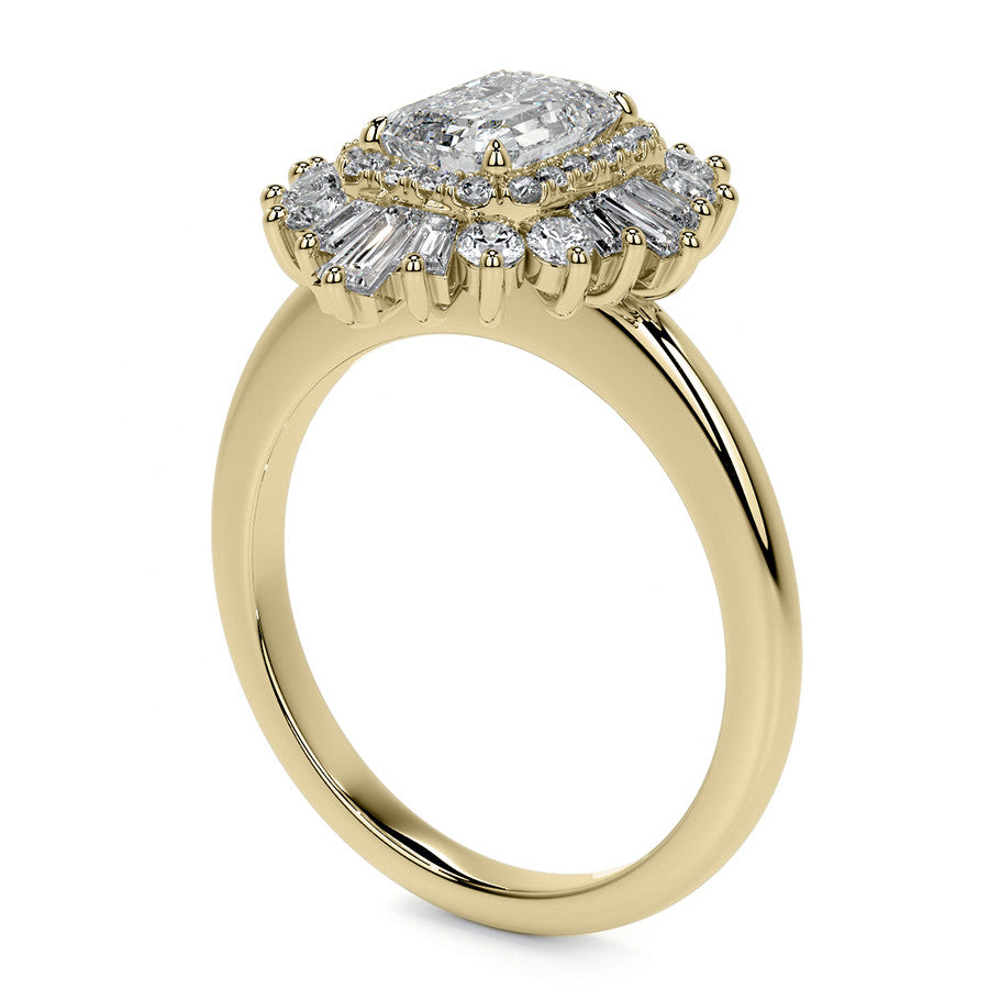 Art Deco Emerald / Radiant and Baguette Moissanite Engagement Ring