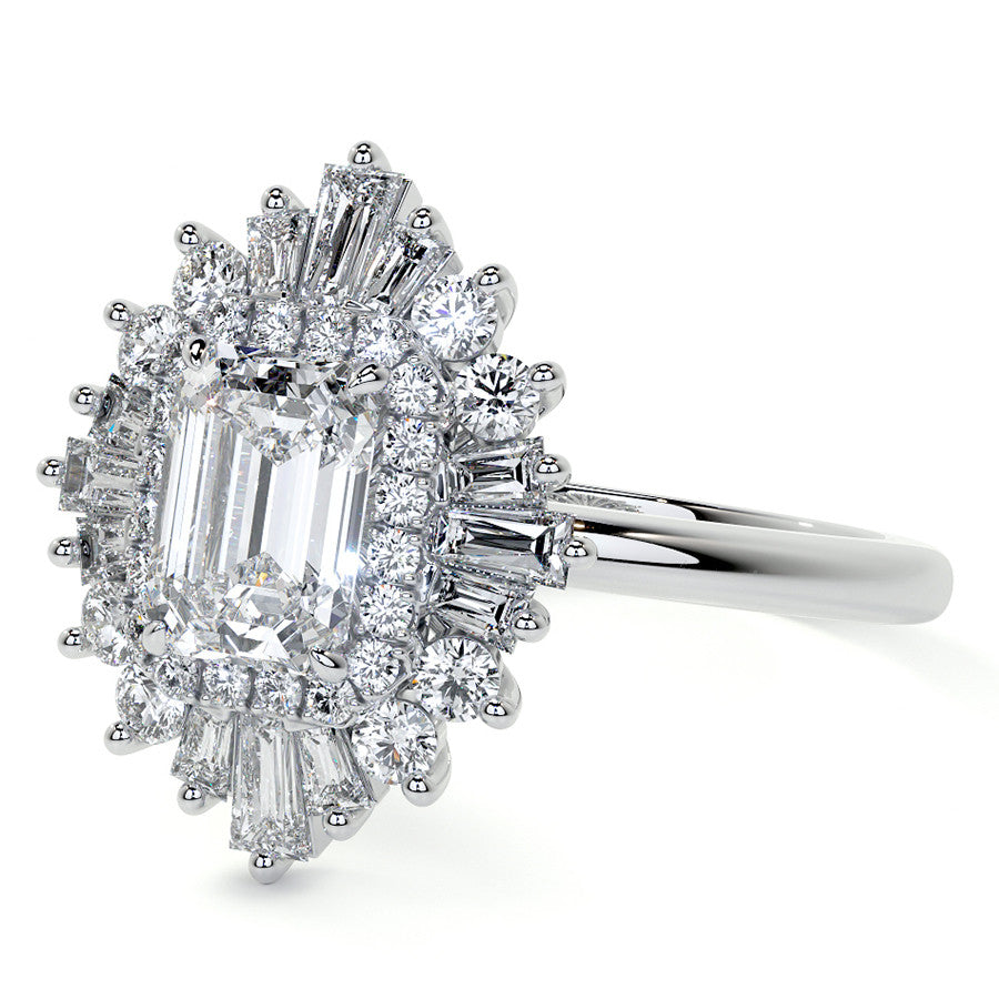 Art Deco Emerald / Radiant and Baguette Moissanite Engagement Ring