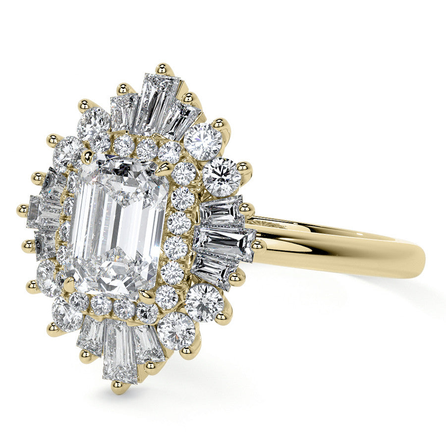 Art Deco Emerald / Radiant and Baguette Moissanite Engagement Ring