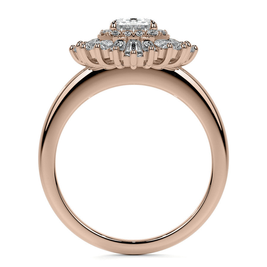 Art Deco Emerald / Radiant and Baguette Moissanite Engagement Ring