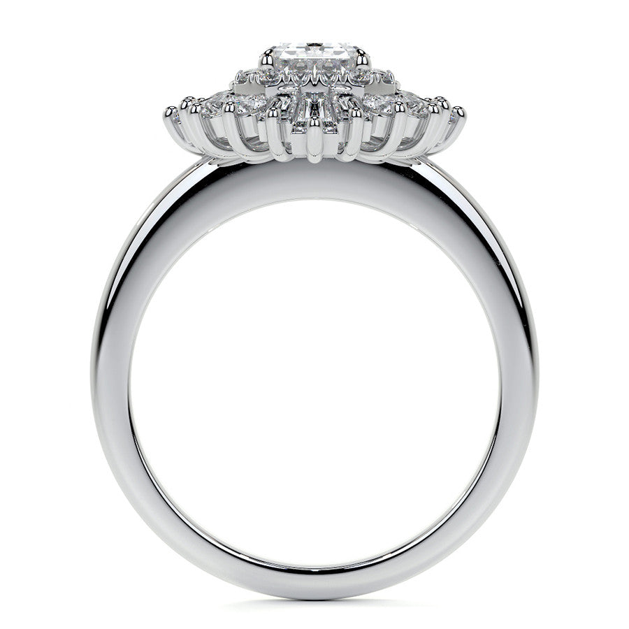 Art Deco Emerald / Radiant and Baguette Moissanite Engagement Ring