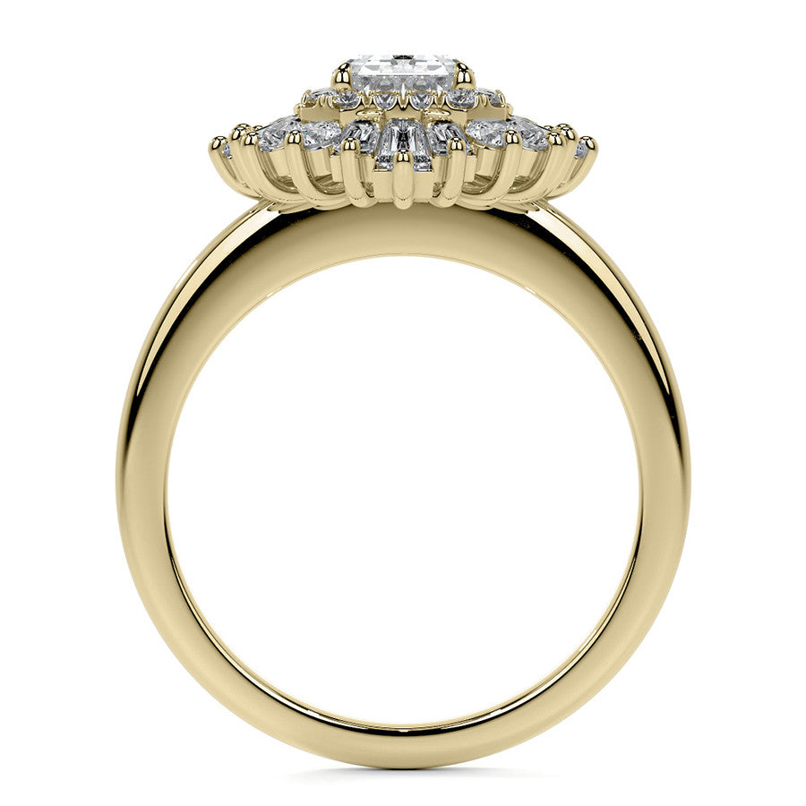Art Deco Emerald / Radiant and Baguette Moissanite Engagement Ring