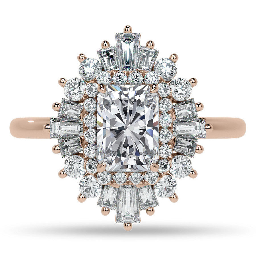 Art Deco Emerald / Radiant and Baguette Moissanite Engagement Ring