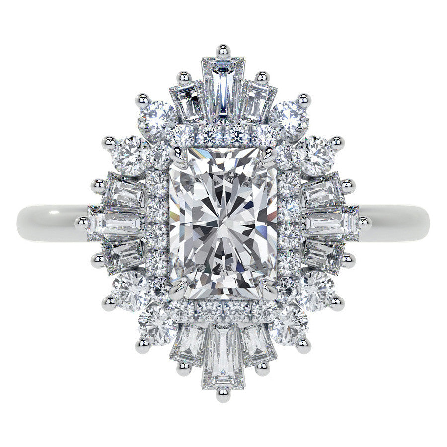 Art Deco Emerald / Radiant and Baguette Moissanite Engagement Ring
