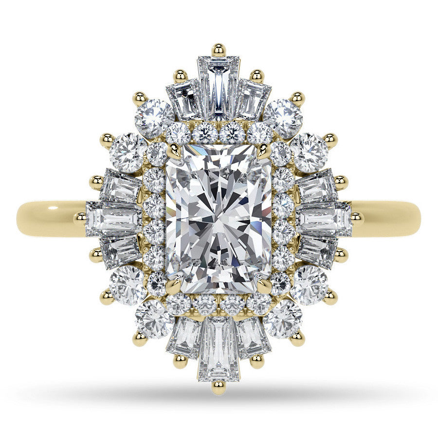 Art Deco Emerald / Radiant and Baguette Moissanite Engagement Ring